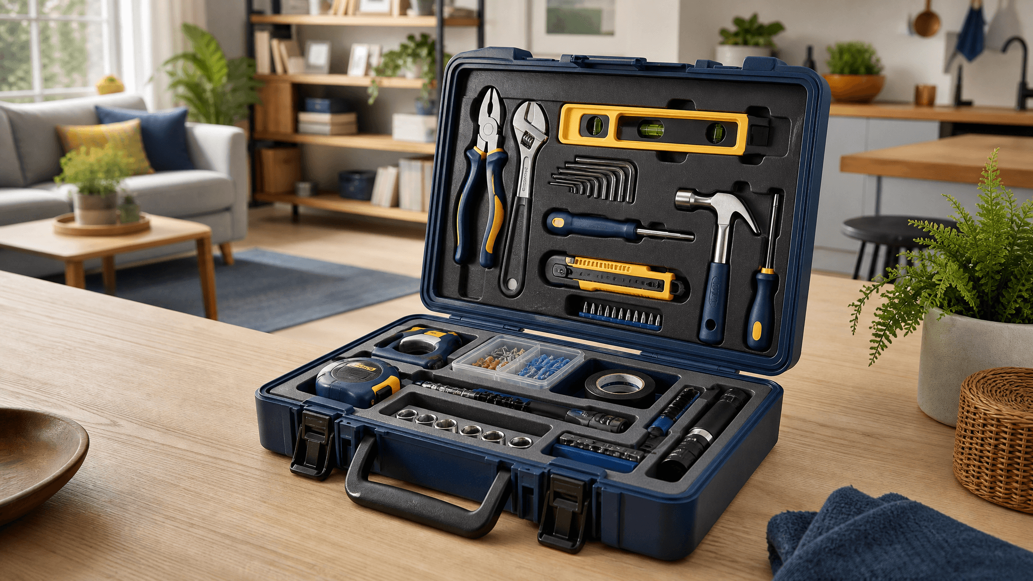 An open home maintenance kit laid out on a table in a bright, tidy living room