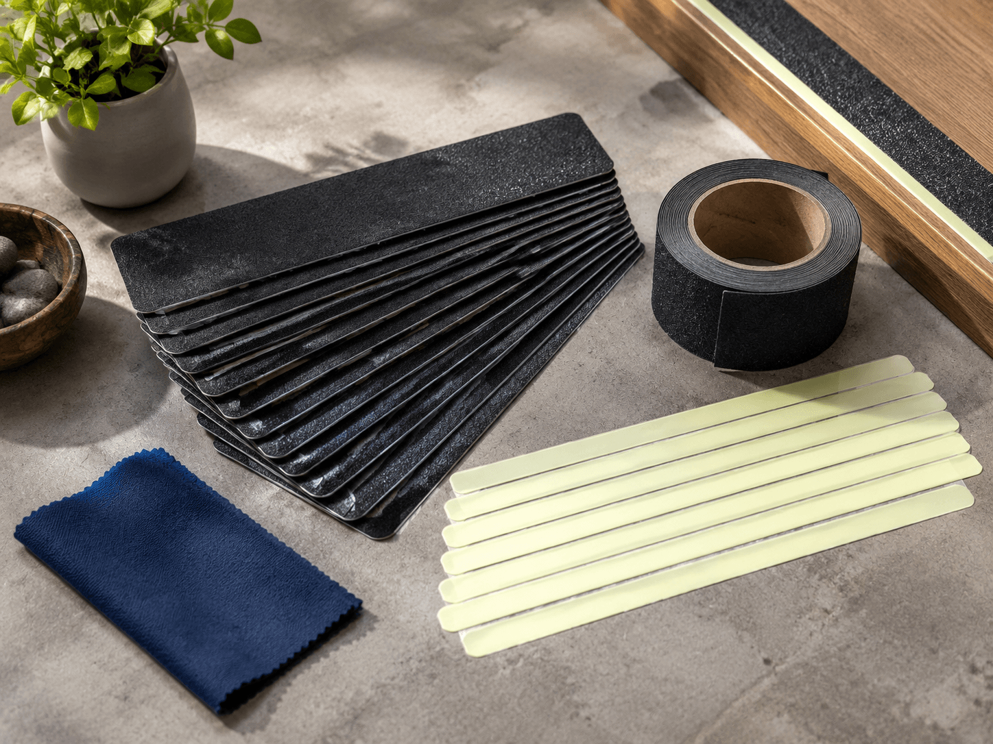 Anti-Slip Stair Safety Set — Anti-slip stair tread strips x12, Glow edge strips, Anti-slip grit tape