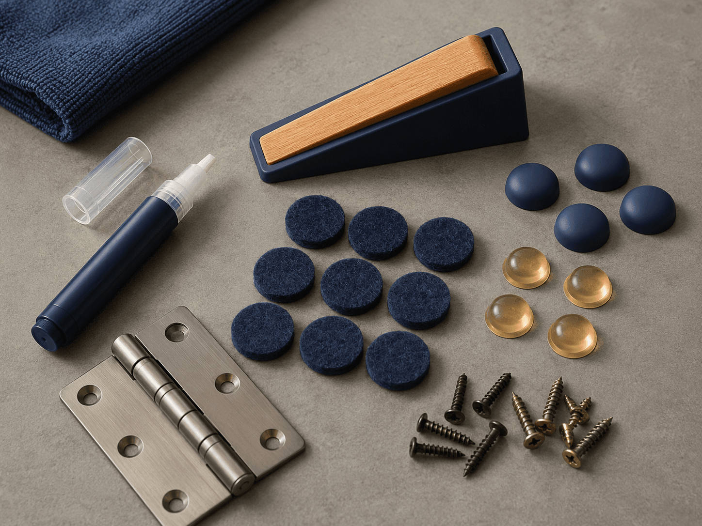 Squeak & Slam Door Kit — Hinge lubricant pen, Silent felt pads, Door stop