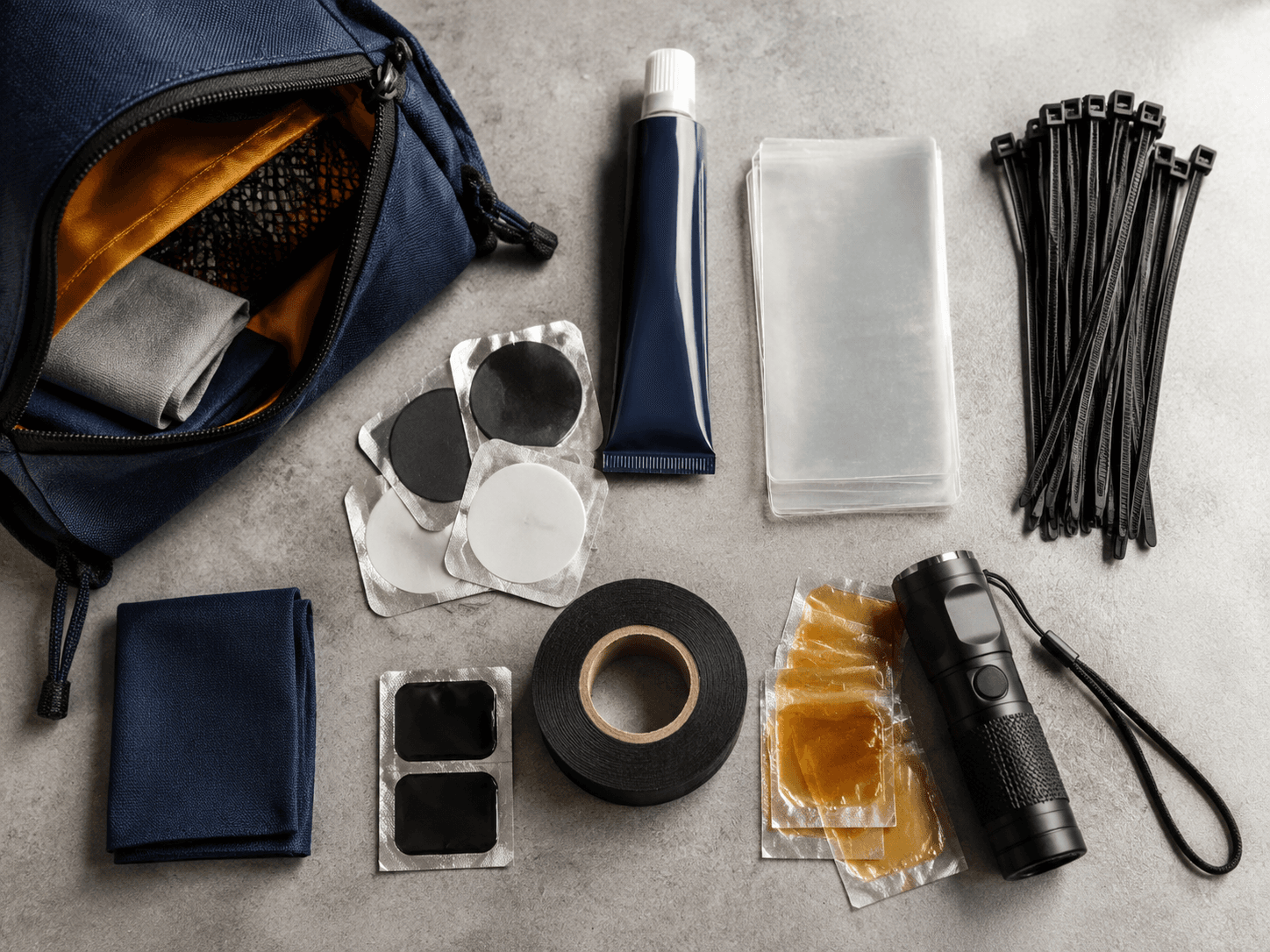 Emergency Quick-Fix Grab Bag — Strong adhesive, Waterproof patches, Emergency zip ties