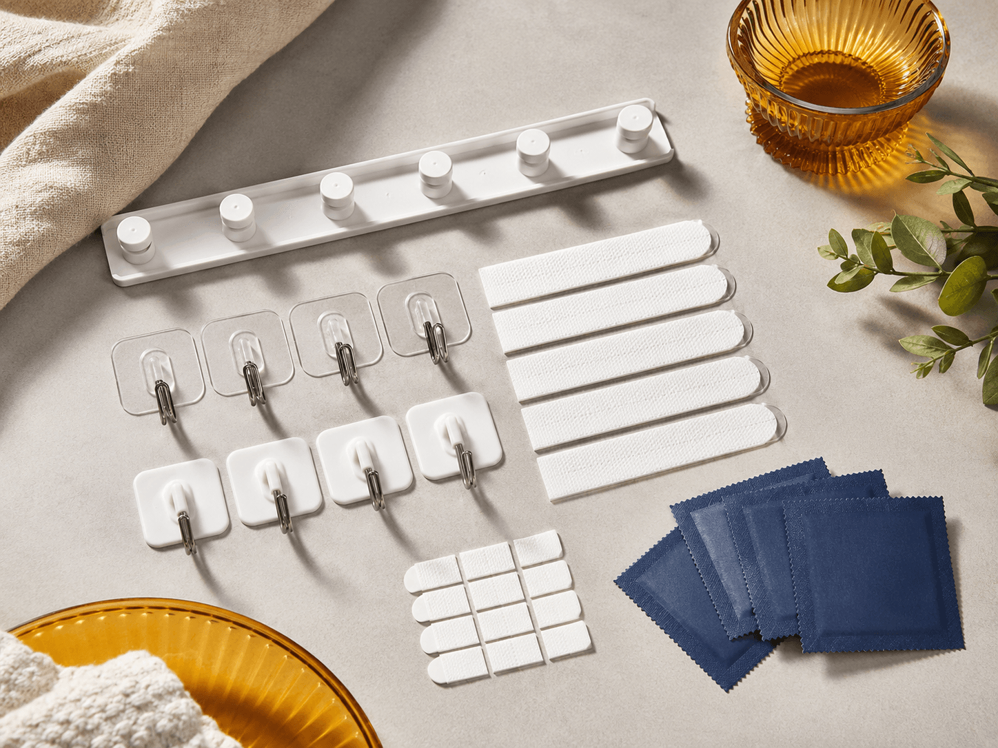 Rental-Friendly No-Drill Kit — Adhesive hooks, Removable mounting strips, Peel-off hanging rail
