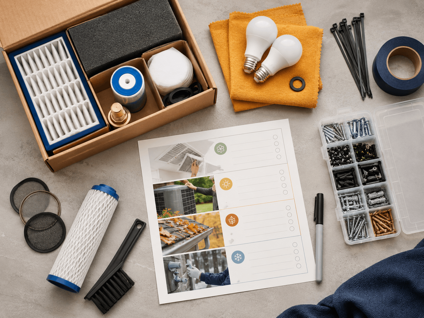Seasonal Home Maintenance Box — Quarterly checklist cards, Assorted consumable parts, Screw assortment organiser