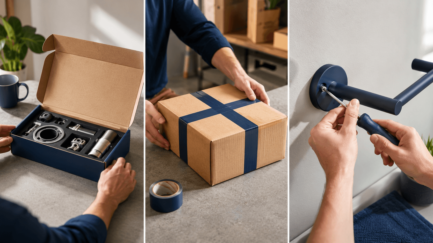Choosing a kit, a shipped parcel, and a hand fixing a fitting at home