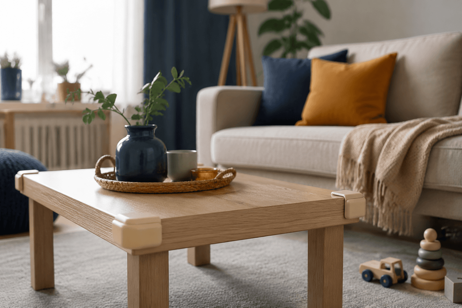A family living room made safer with soft corner protectors